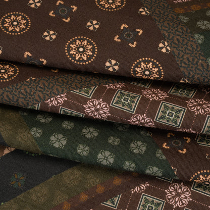 Linen and Rayon Woven - Brown, Dark Green and Olive Medallion Patchwork - Mood Exclusive Sultan’s Splendor Print