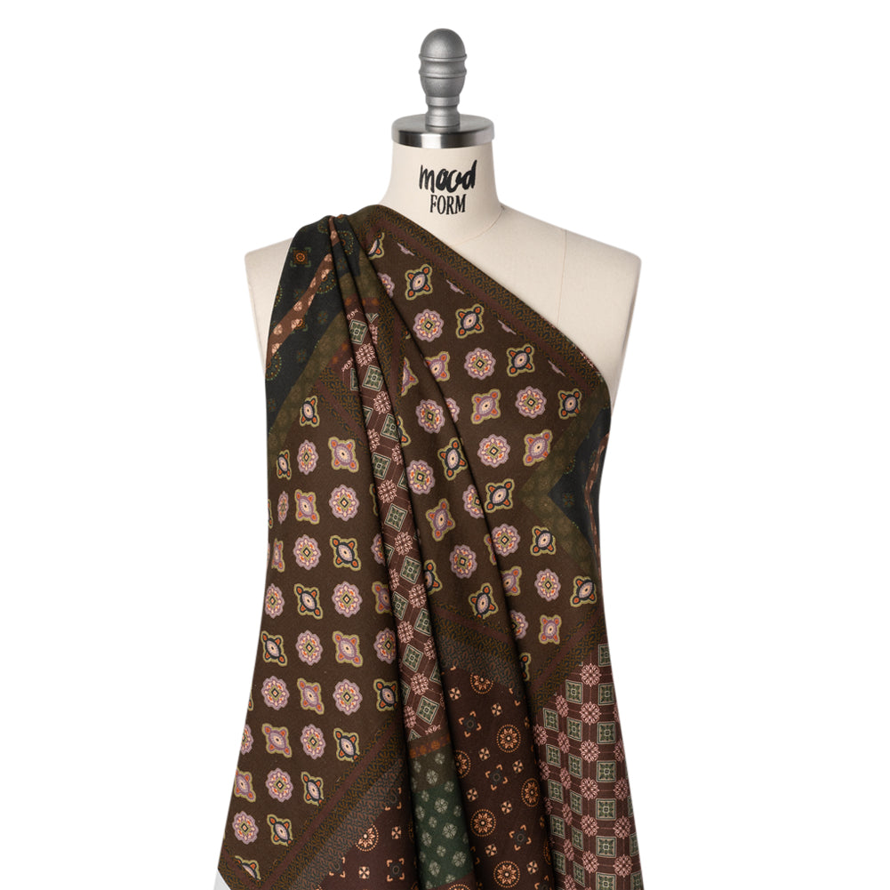 Linen and Rayon Woven - Brown, Dark Green and Olive Medallion Patchwork - Mood Exclusive Sultan’s Splendor Print