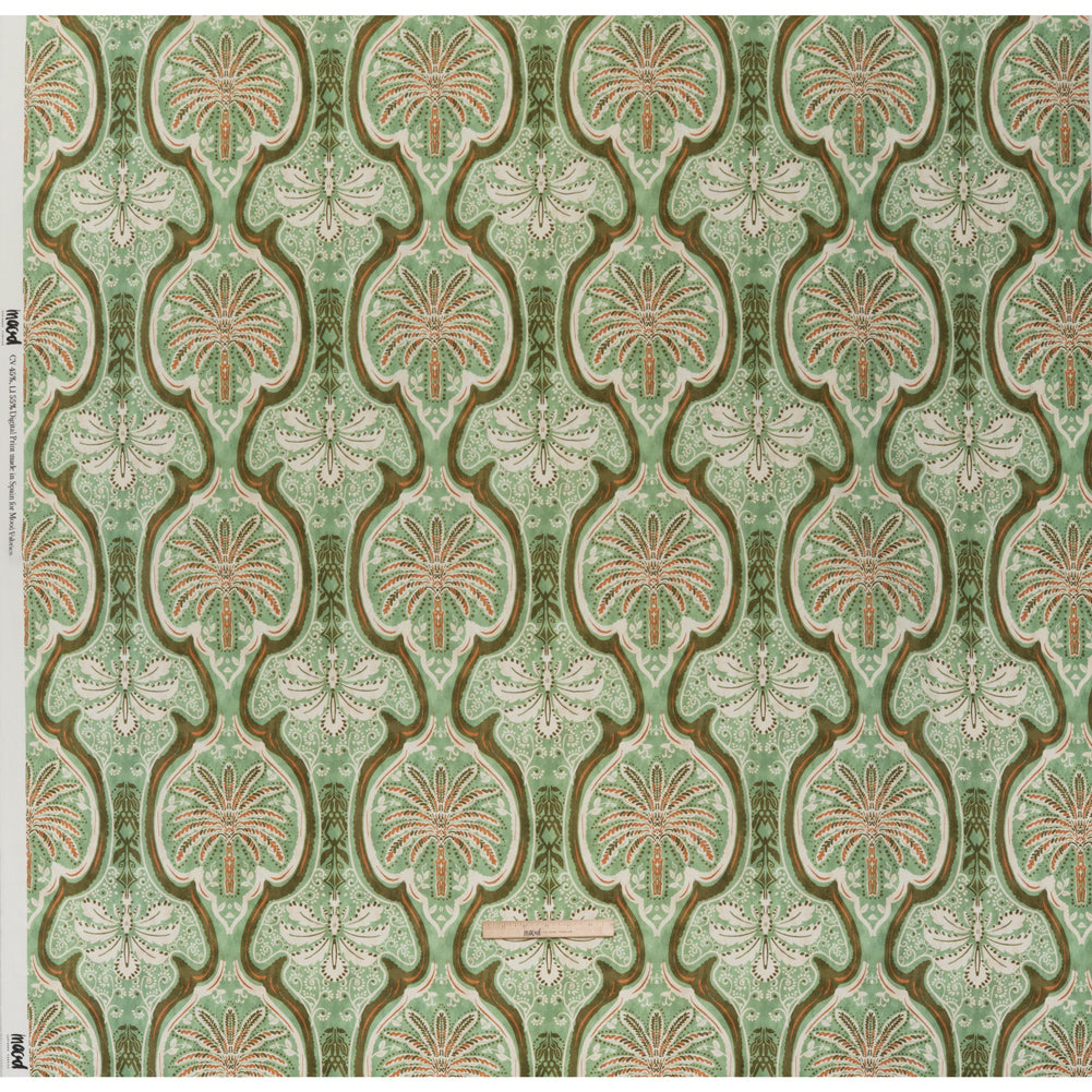 Linen and Rayon Woven - Seafoam, Olive and Burnt Orange Fanciful Palm Ogees - Mood Exclusive Frond Flow Print - Full