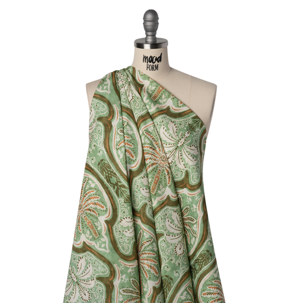 Linen and Rayon Woven - Seafoam, Olive and Burnt Orange Fanciful Palm Ogees - Mood Exclusive Frond Flow Print - Drape