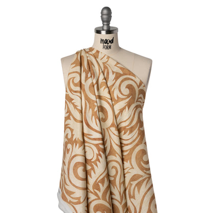 Linen and Rayon Woven - Beige and Tan Leafy Swirls - Mood Exclusive Windswept Sands Print