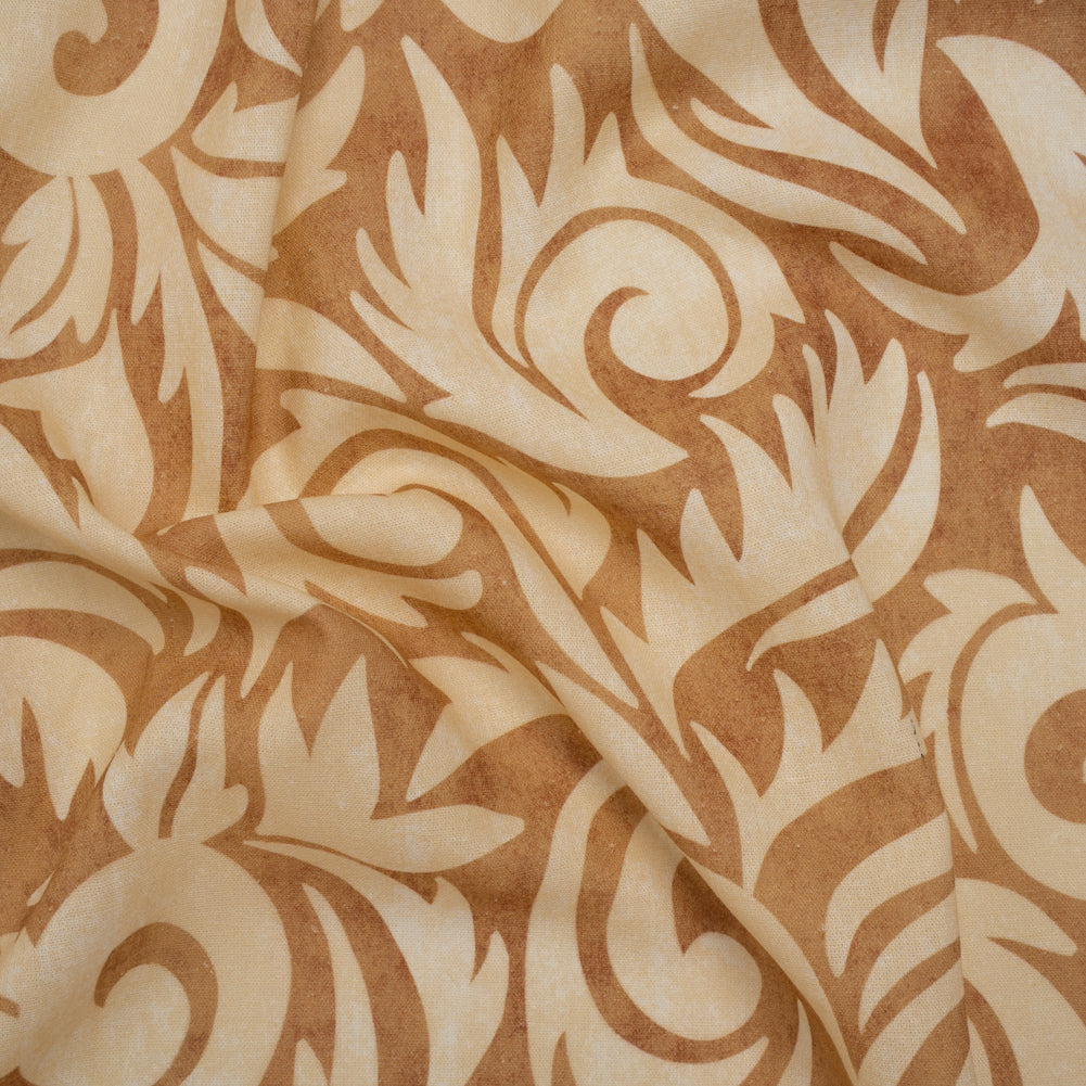 Linen and Rayon Woven - Beige and Tan Leafy Swirls - Mood Exclusive Windswept Sands Print