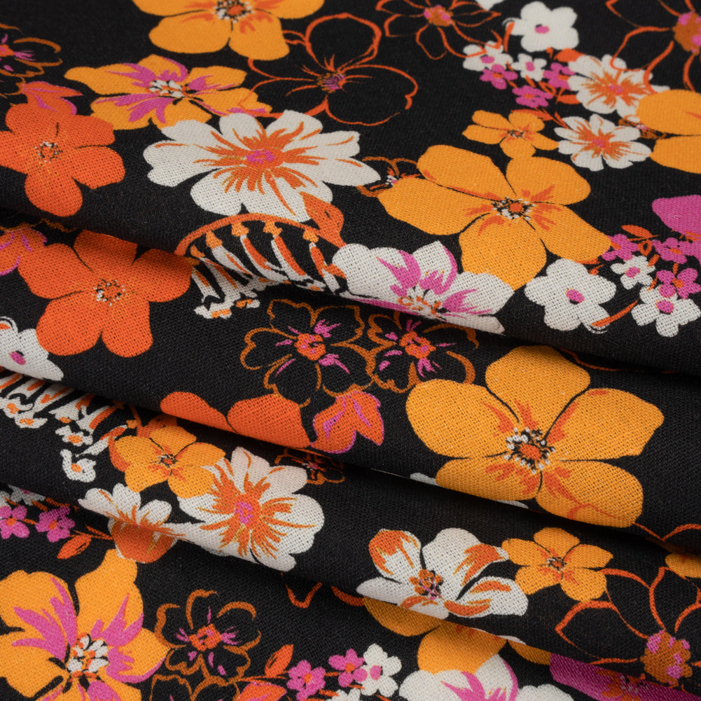 Linen and Rayon Woven - Orange, Hot Pink and Black Floral - Mood Exclusive Hot Tropic Print