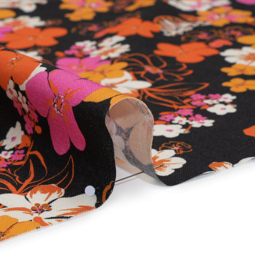 Linen and Rayon Woven - Orange, Hot Pink and Black Floral - Mood Exclusive Hot Tropic Print
