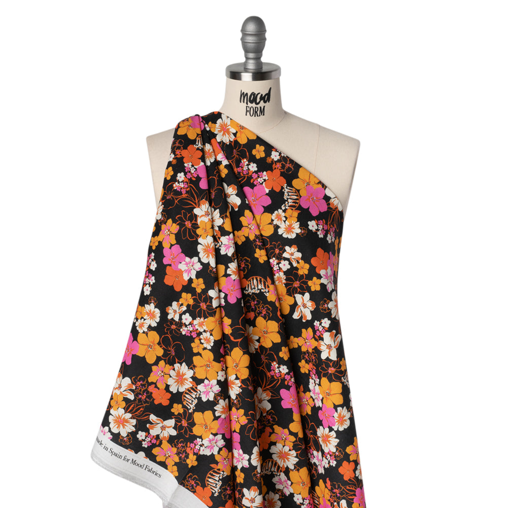 Linen and Rayon Woven - Orange, Hot Pink and Black Floral - Mood Exclusive Hot Tropic Print