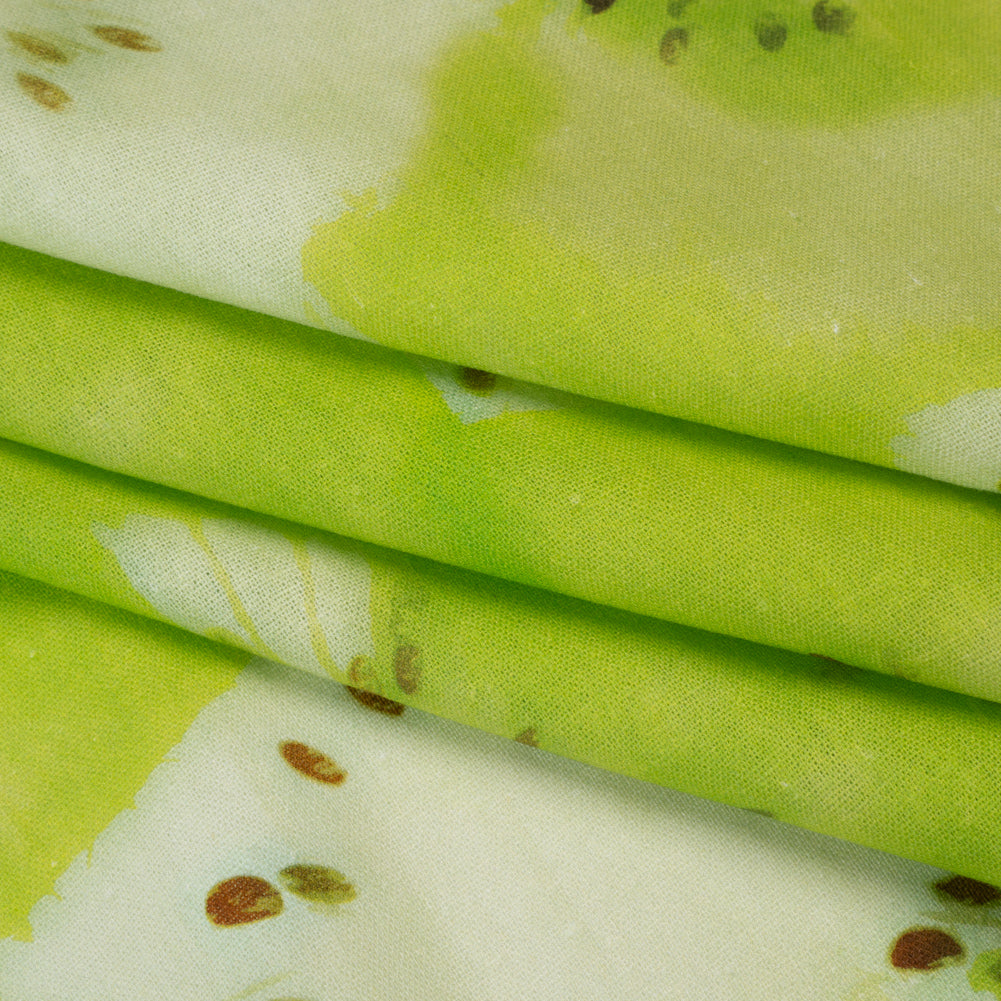 Linen and Rayon Woven - Lime Green and Brown Hazy Kiwi Fruits - Mood Exclusive Kiwi Crush Print