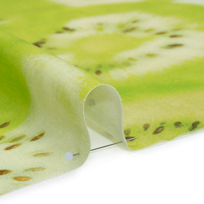 Linen and Rayon Woven - Lime Green and Brown Hazy Kiwi Fruits - Mood Exclusive Kiwi Crush Print