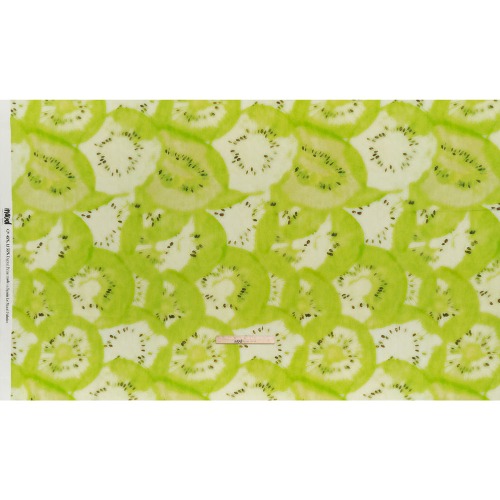 Linen and Rayon Woven - Lime Green and Brown Hazy Kiwi Fruits - Mood Exclusive Kiwi Crush Print