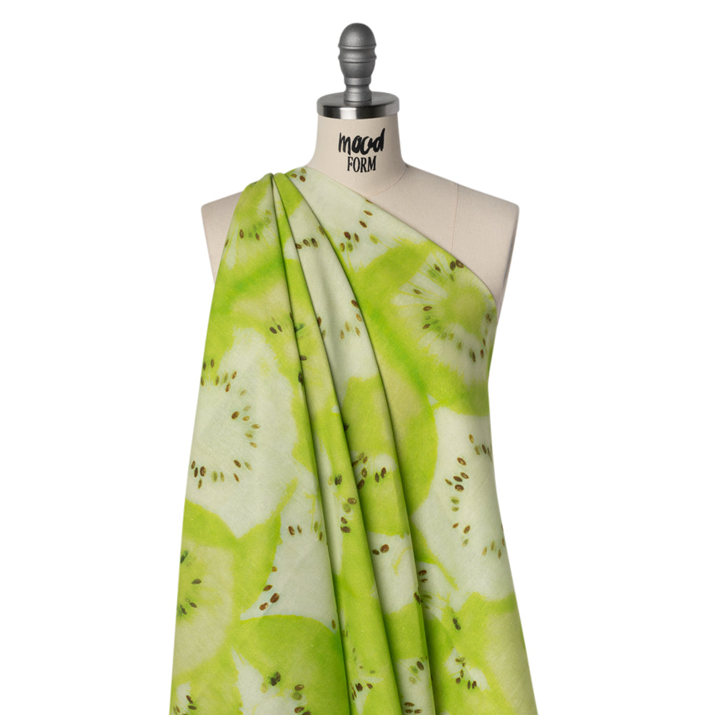 Linen and Rayon Woven - Lime Green and Brown Hazy Kiwi Fruits - Mood Exclusive Kiwi Crush Print