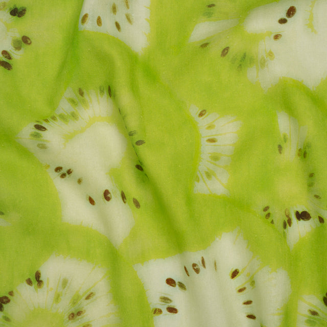 Linen and Rayon Woven - Lime Green and Brown Hazy Kiwi Fruits - Mood Exclusive Kiwi Crush Print