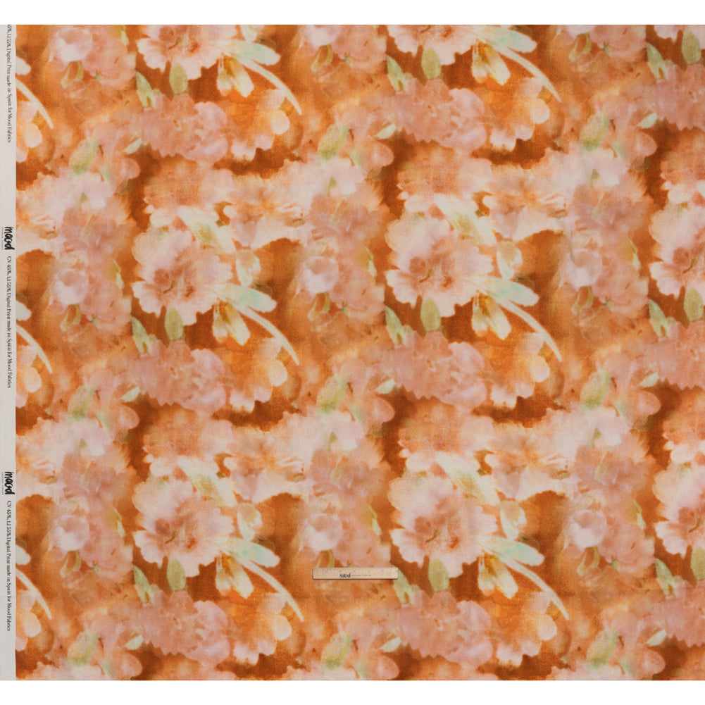 Linen and Rayon Woven - Burnt Orange, Peachy Pink and Soft Green Abstracted Soft Florals - Mood Exclusive Fairy Flare Print