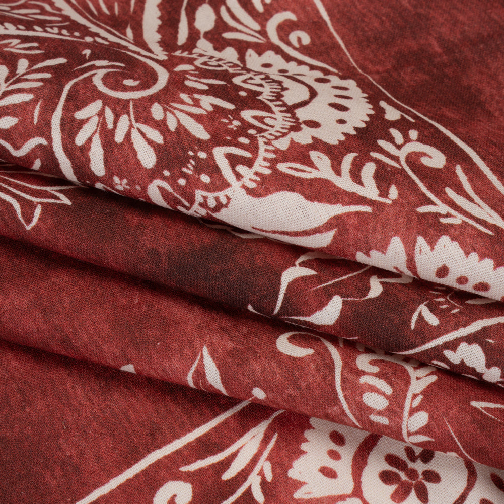 Linen and Rayon Woven - Dark Red and White Paisley and Frames - Mood Exclusive Arabesque Allure Print - Folded