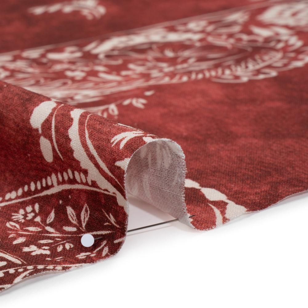 Linen and Rayon Woven - Dark Red and White Paisley and Frames - Mood Exclusive Arabesque Allure Print - Detail