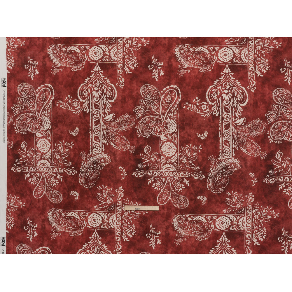 Linen and Rayon Woven - Dark Red and White Paisley and Frames - Mood Exclusive Arabesque Allure Print - Full