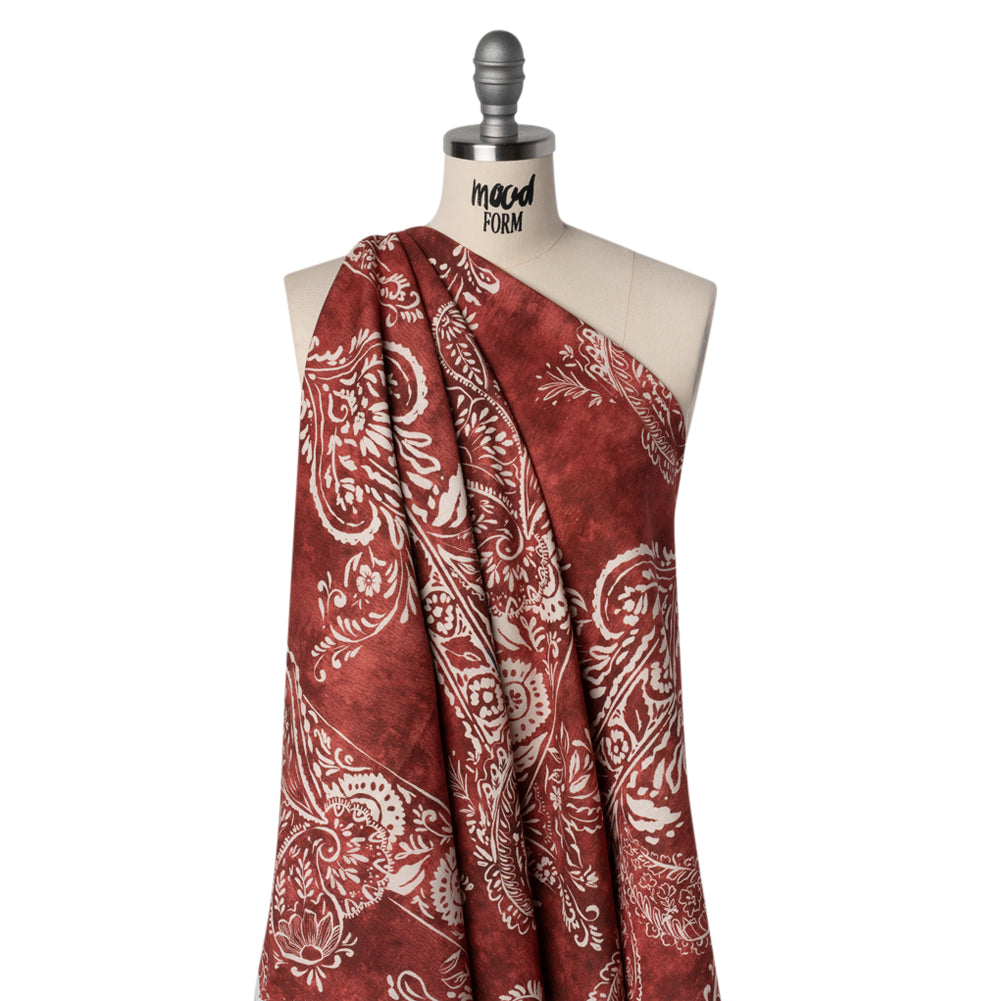 Linen and Rayon Woven - Dark Red and White Paisley and Frames - Mood Exclusive Arabesque Allure Print - Drape