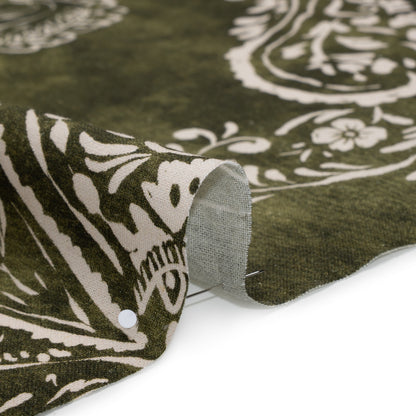 Linen and Rayon Woven - Forest Green and White Paisley and Frames - Mood Exclusive Arabesque Allure Print
