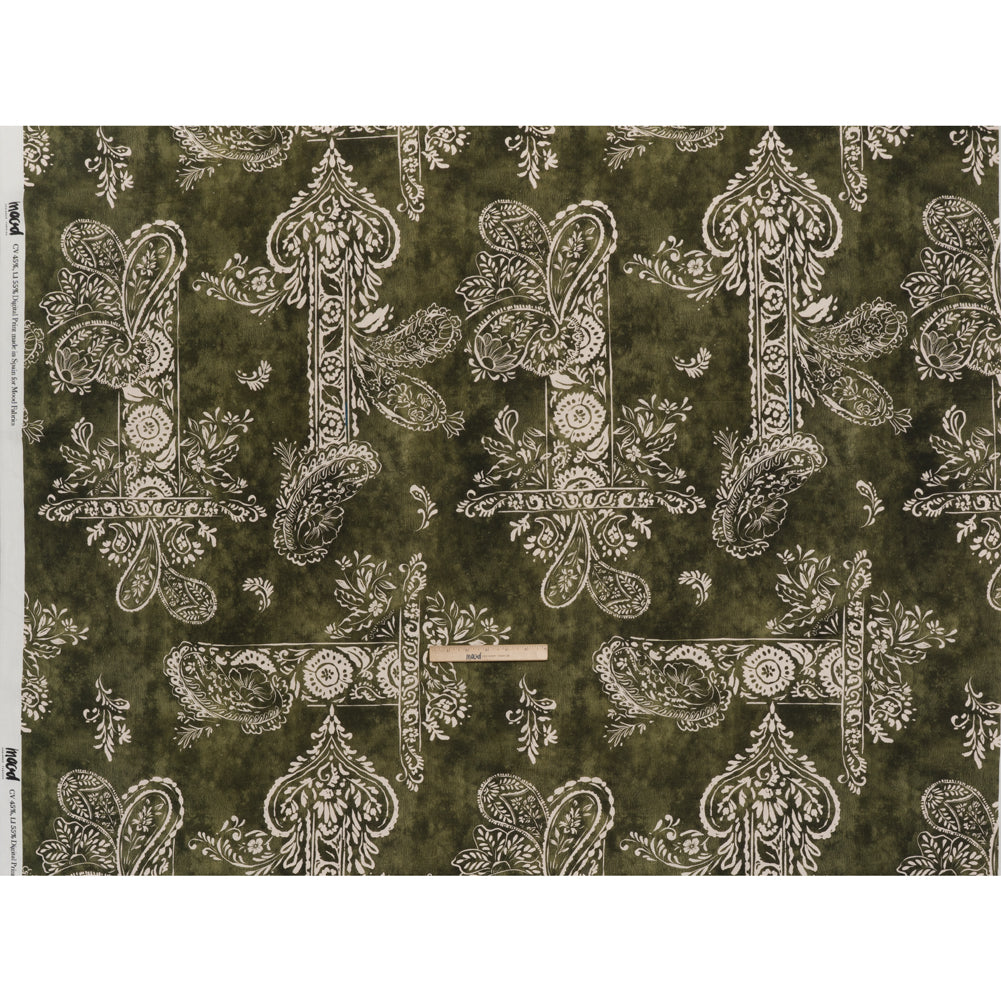 Linen and Rayon Woven - Forest Green and White Paisley and Frames - Mood Exclusive Arabesque Allure Print
