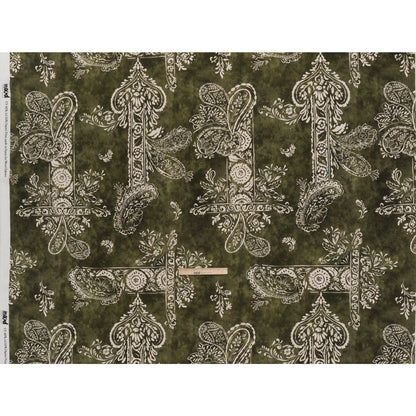 Linen and Rayon Woven - Forest Green and White Paisley and Frames - Mood Exclusive Arabesque Allure Print
