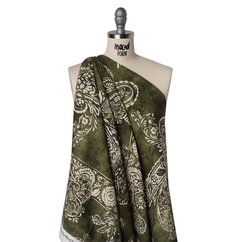 Linen and Rayon Woven - Forest Green and White Paisley and Frames - Mood Exclusive Arabesque Allure Print
