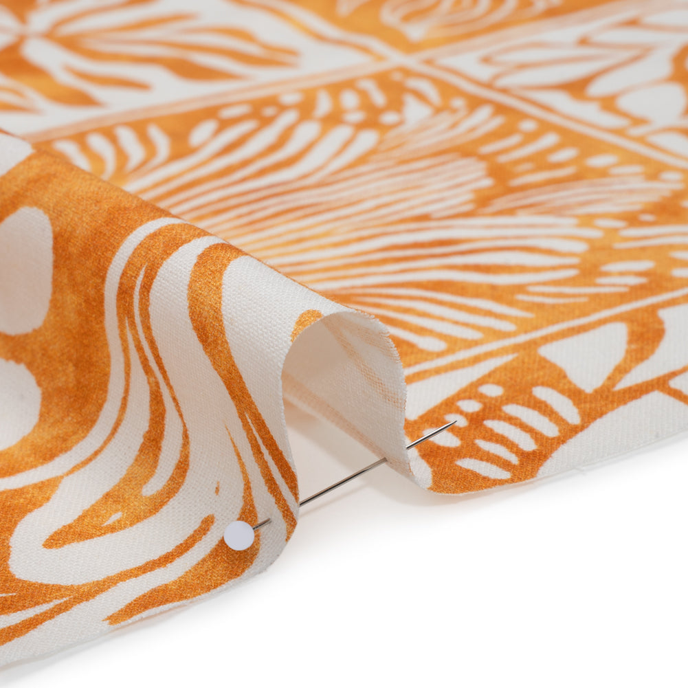 Linen and Rayon Woven - Yellow Ochre and White Leafy Blocks - Mood Exclusive Summer Solace Print - Detail