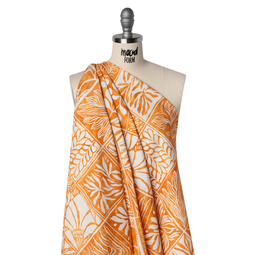 Linen and Rayon Woven - Yellow Ochre and White Leafy Blocks - Mood Exclusive Summer Solace Print - Drape