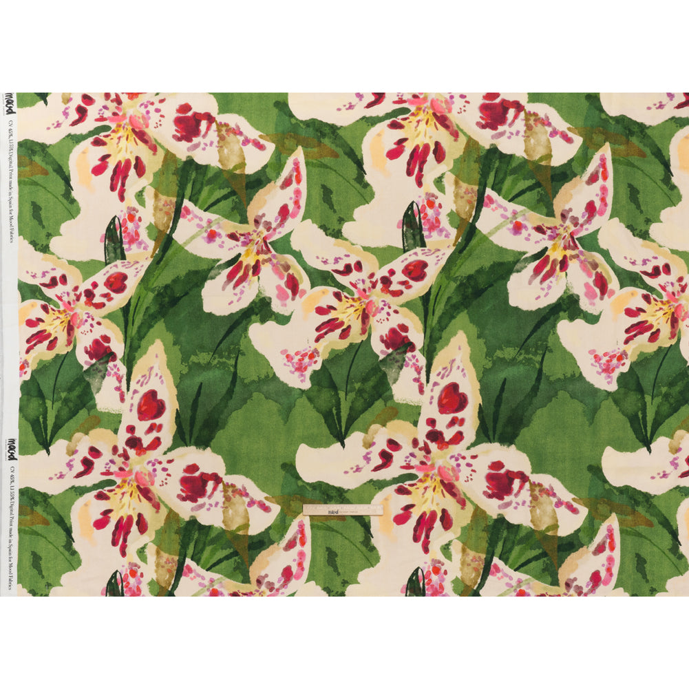 Linen and Rayon Woven - Green, Cream and Magenta Painterly Lilies - Mood Exclusive Petal Poesy Print - Full