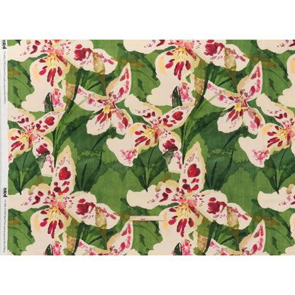 Linen and Rayon Woven - Green, Cream and Magenta Painterly Lilies - Mood Exclusive Petal Poesy Print - Full