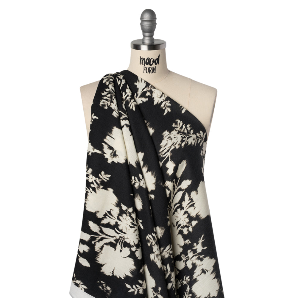Linen and Rayon Woven - Black and Off White Ikat-Like Floral Silhouettes - Mood Exclusive Dahlia Daydreams Print