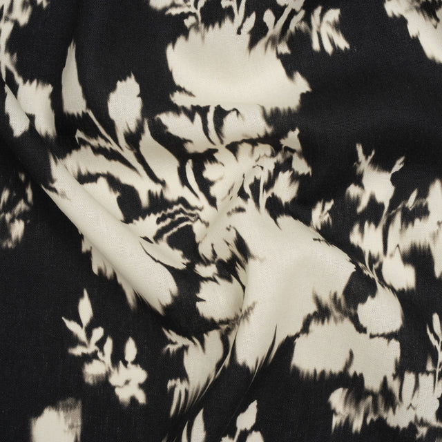 Linen and Rayon Woven - Black and Off White Ikat-Like Floral Silhouettes - Mood Exclusive Dahlia Daydreams Print