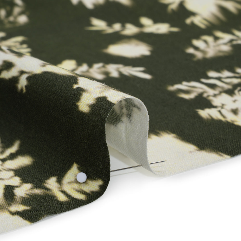 Linen and Rayon Woven - Forest Green and Off White Ikat-Like Floral Silhouettes - Mood Exclusive Dahlia Daydreams Print
