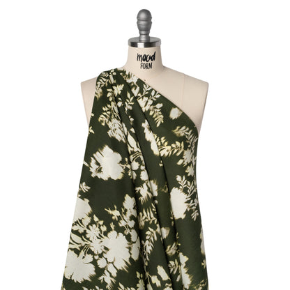 Linen and Rayon Woven - Forest Green and Off White Ikat-Like Floral Silhouettes - Mood Exclusive Dahlia Daydreams Print