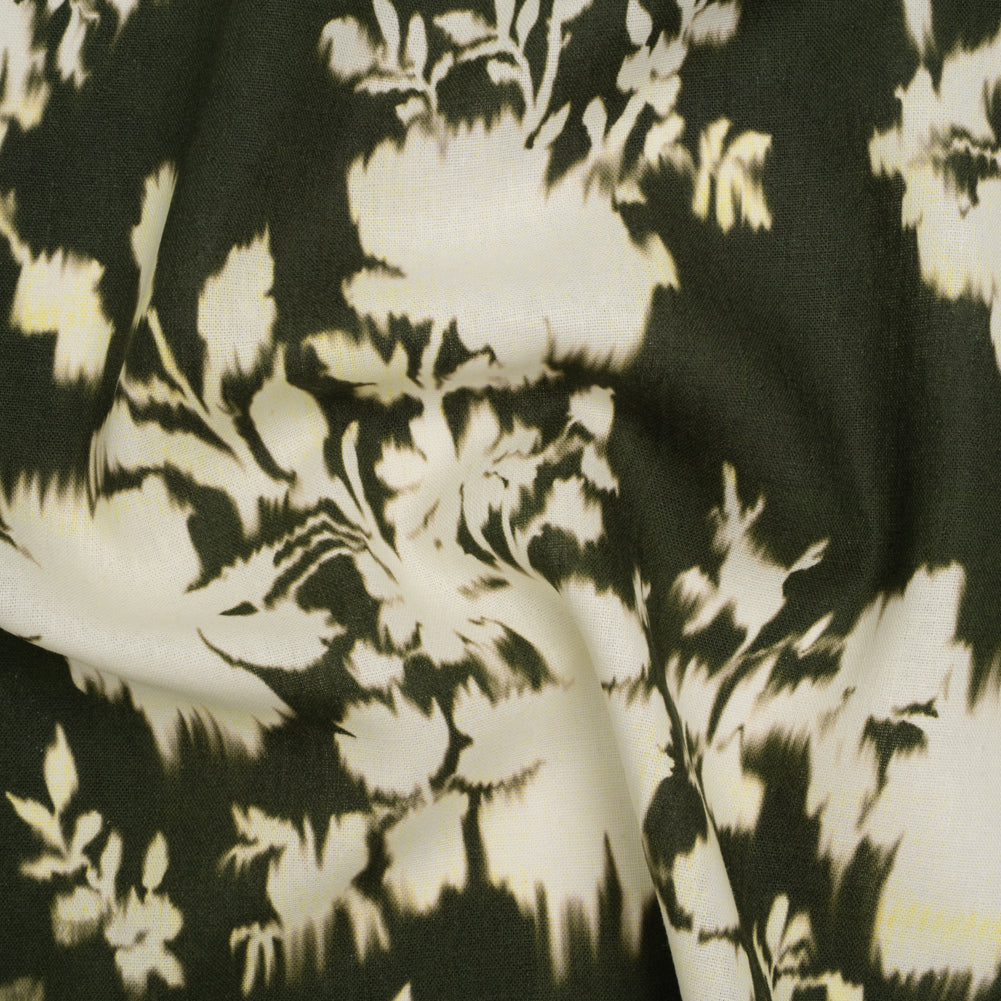 Linen and Rayon Woven - Forest Green and Off White Ikat-Like Floral Silhouettes - Mood Exclusive Dahlia Daydreams Print