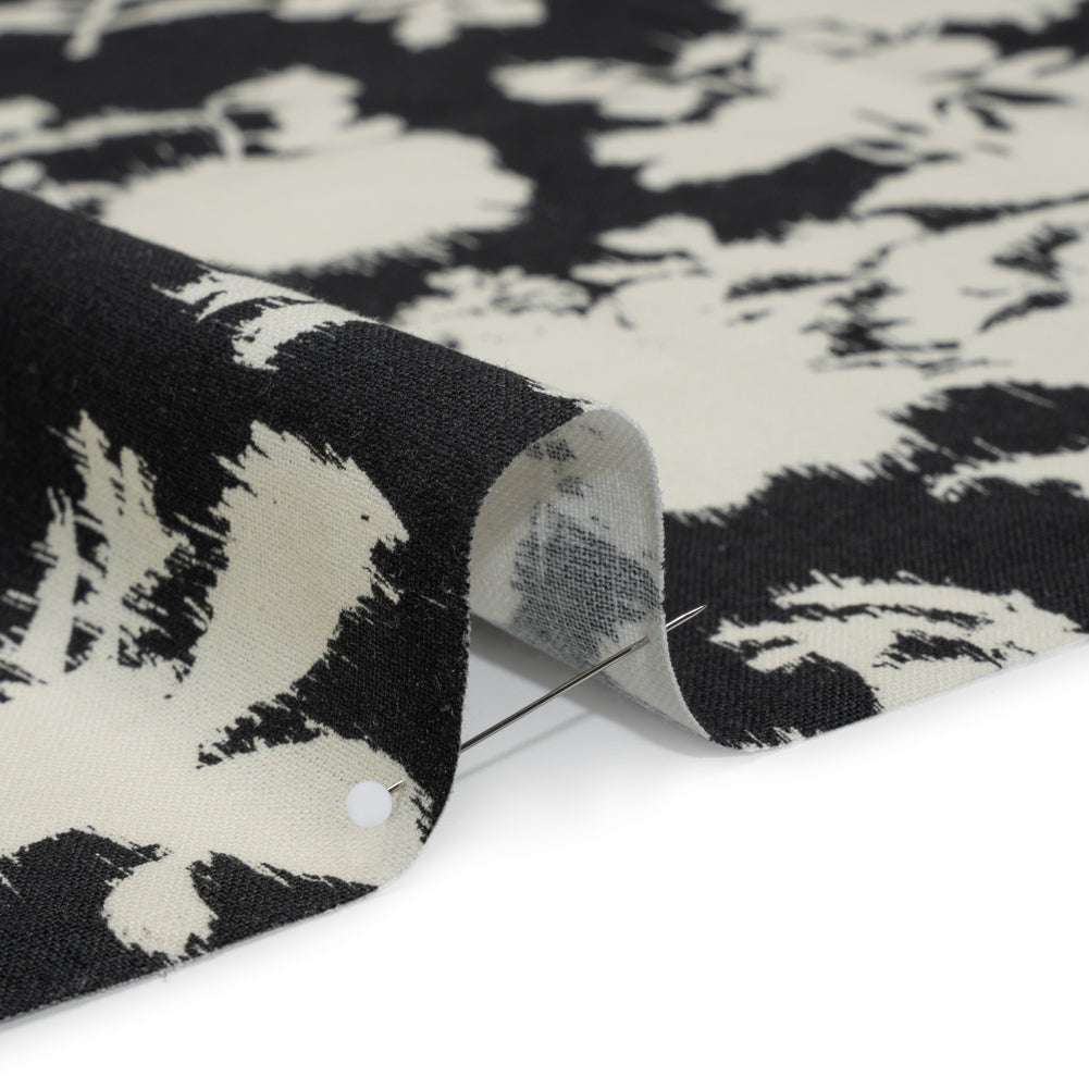 Linen and Rayon Woven - Black and Off White Ikat-Inspired Floral Silhouettes - Mood Exclusive Summer Sketches Print