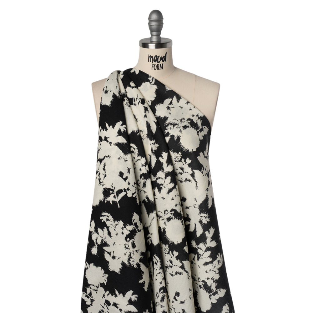 Linen and Rayon Woven - Black and Off White Ikat-Inspired Floral Silhouettes - Mood Exclusive Summer Sketches Print