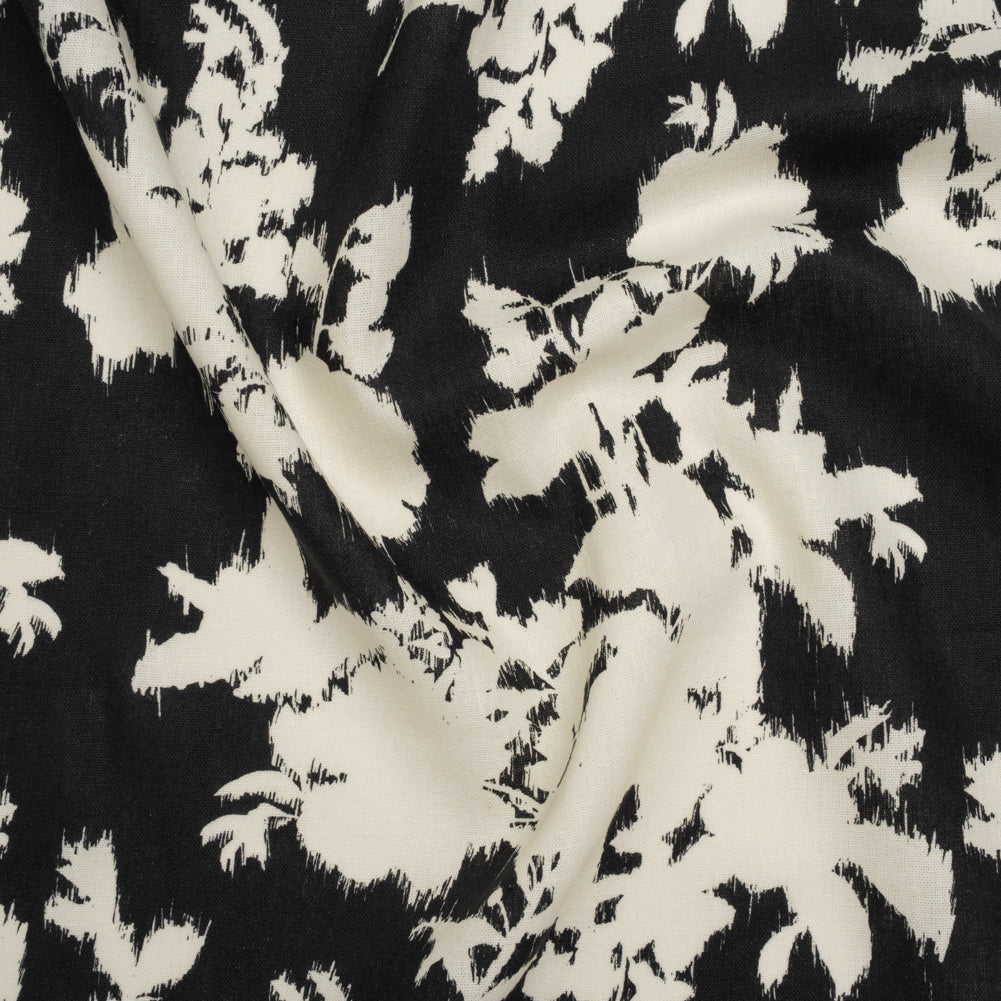 Linen and Rayon Woven - Black and Off White Ikat-Inspired Floral Silhouettes - Mood Exclusive Summer Sketches Print