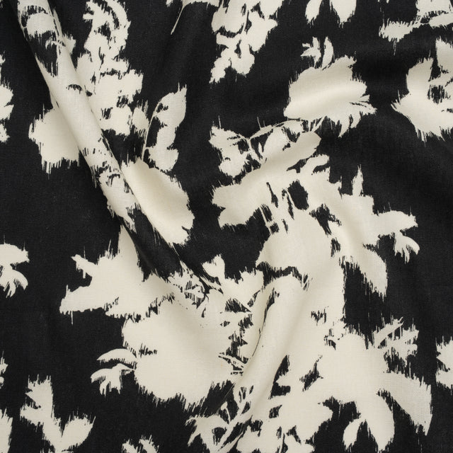 Linen and Rayon Woven - Black and Off White Ikat-Inspired Floral Silhouettes - Mood Exclusive Summer Sketches Print