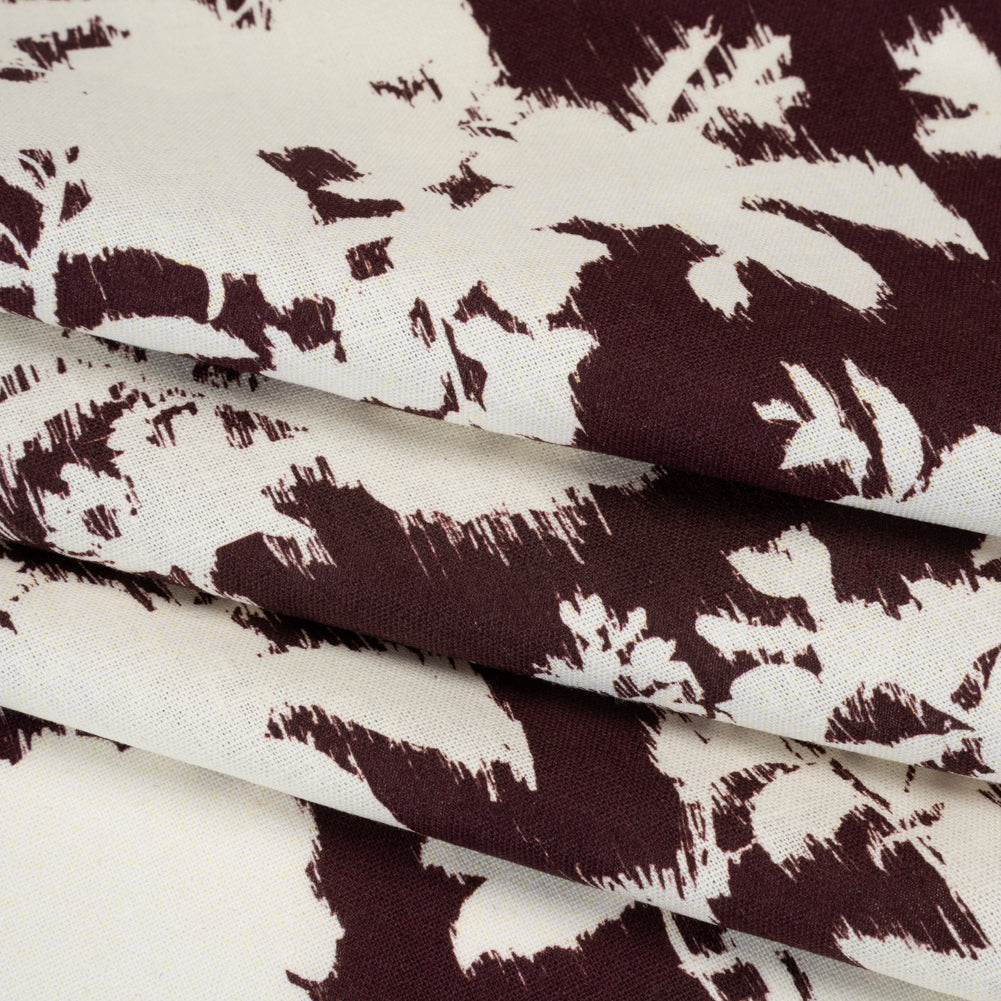 Linen and Rayon Woven - Grape Wine and Off White Ikat-Inspired Floral Silhouettes - Mood Exclusive Summer Sketches Print