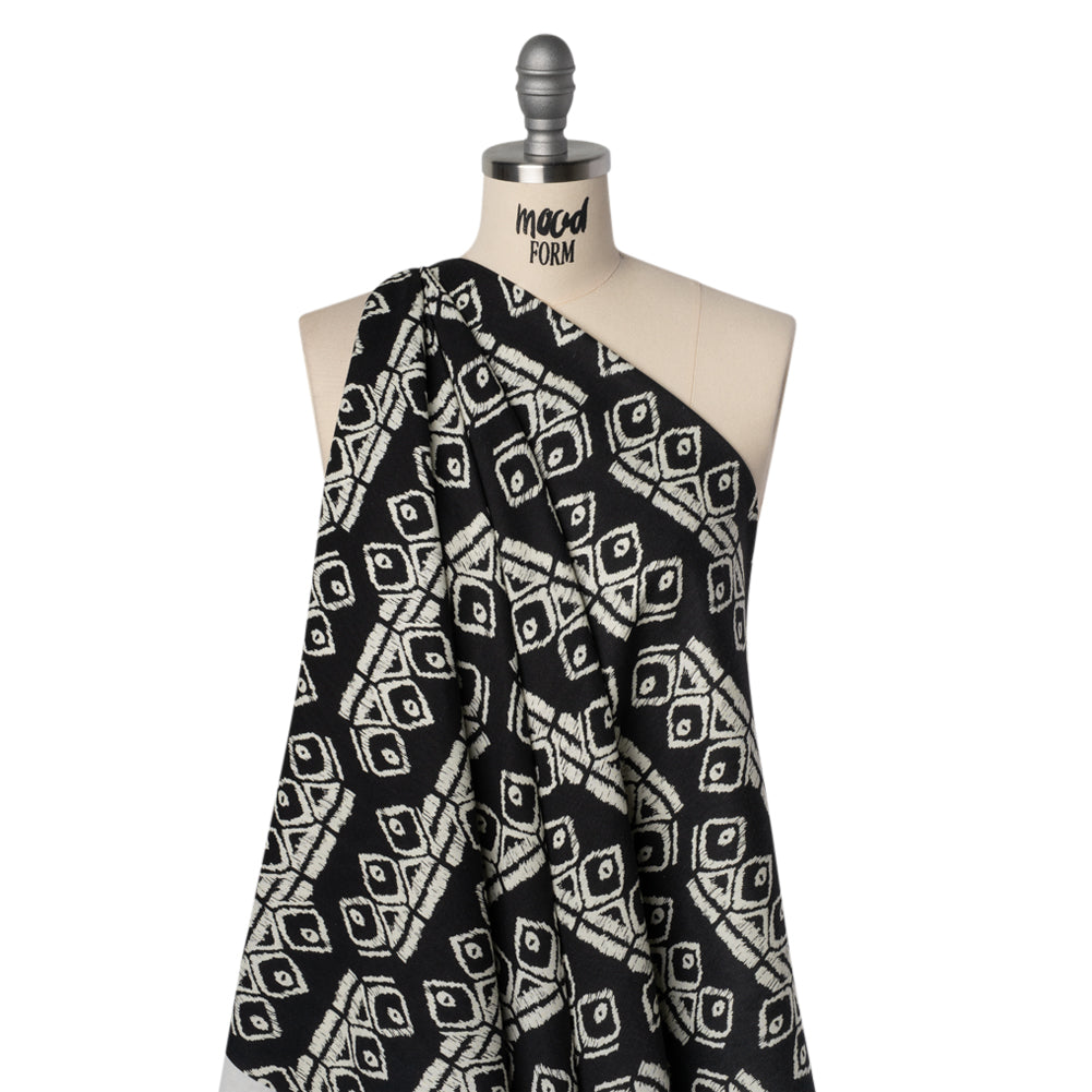 Linen and Rayon Woven - Midnight and Off White Soft Geometrics - Mood Exclusive Geo Drift Print - Drape