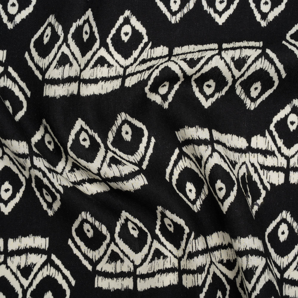 Linen and Rayon Woven - Midnight and Off White Soft Geometrics - Mood Exclusive Geo Drift Print