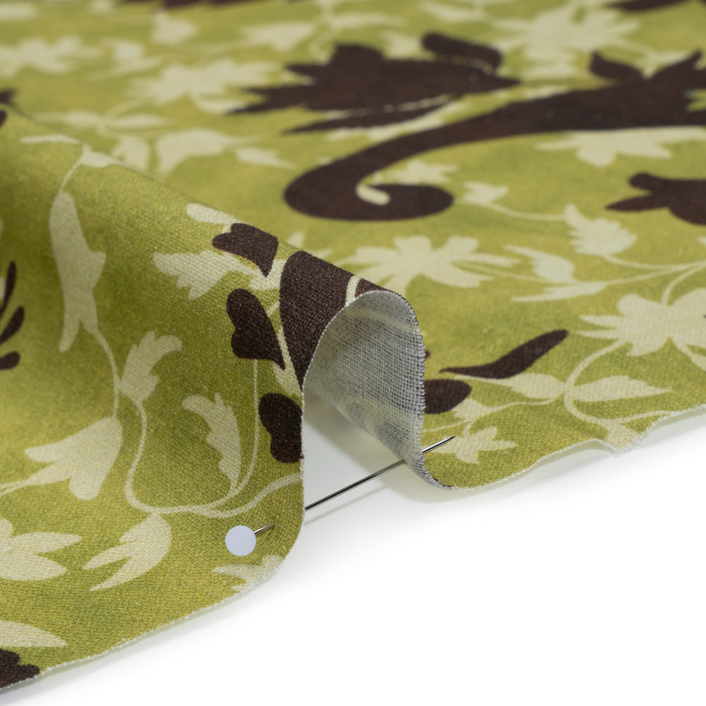 Linen and Rayon Woven - Kiwi Green and Dark Brown Paisley and Vines - Mood Exclusive Groovy Grove Print