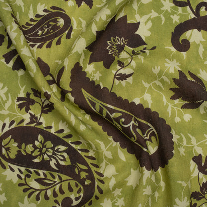 Linen and Rayon Woven - Kiwi Green and Dark Brown Paisley and Vines - Mood Exclusive Groovy Grove Print