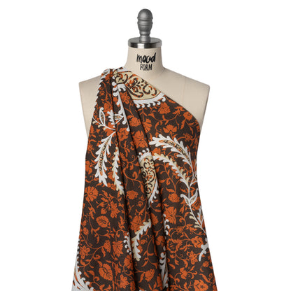 Linen and Rayon Woven - Dark Brown, Pumpkin Orange and White Paisley and Floral Vines - Mood Exclusive Blooming Boogie Print