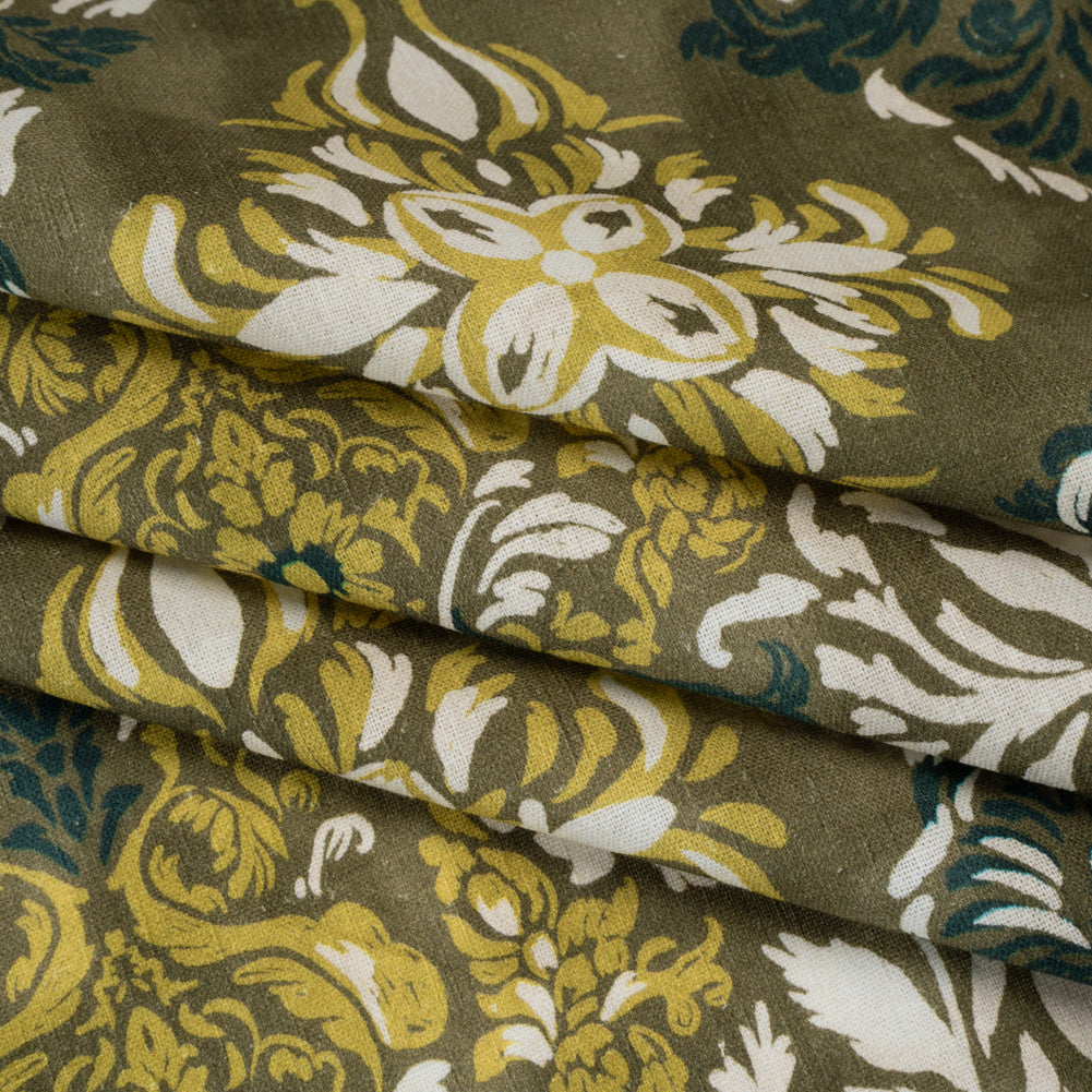 Linen and Rayon Woven - Olive, Lime Green and Cream Floral Diamonds - Mood Exclusive Fleur Filigree Print