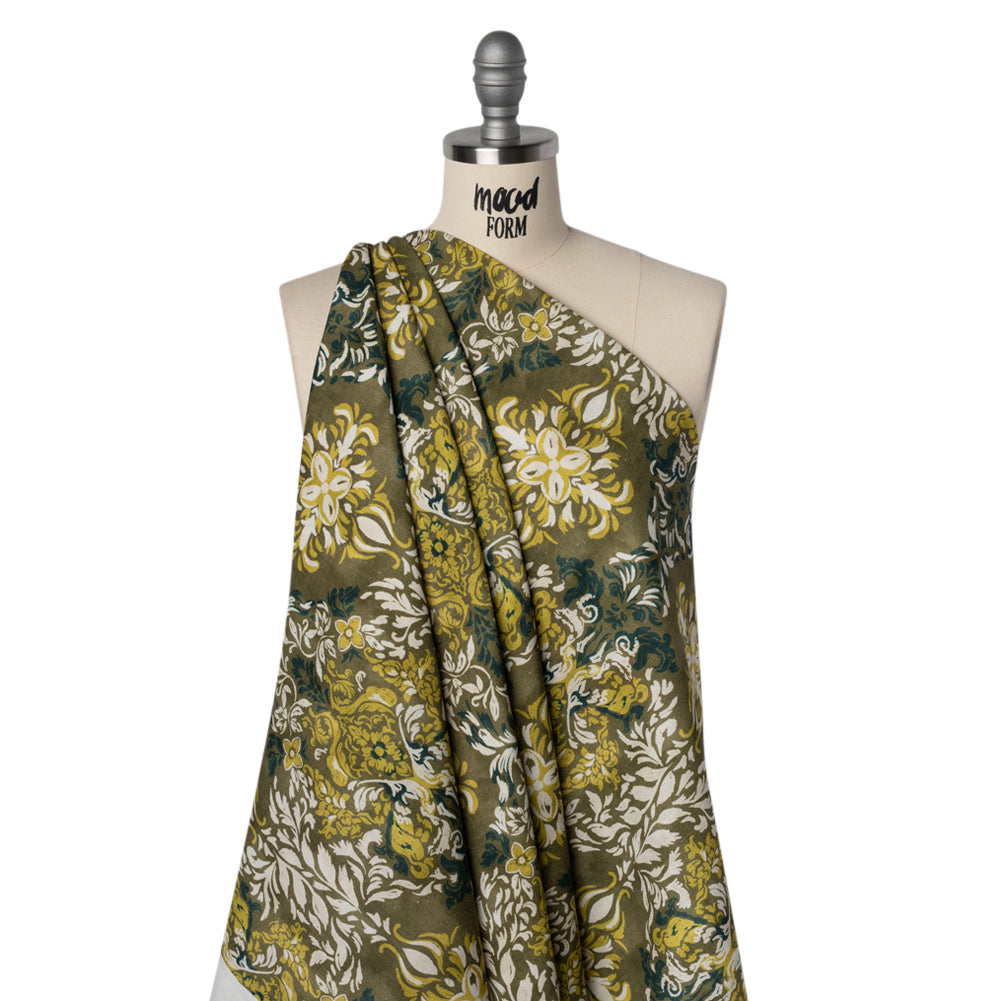 Linen and Rayon Woven - Olive, Lime Green and Cream Floral Diamonds - Mood Exclusive Fleur Filigree Print