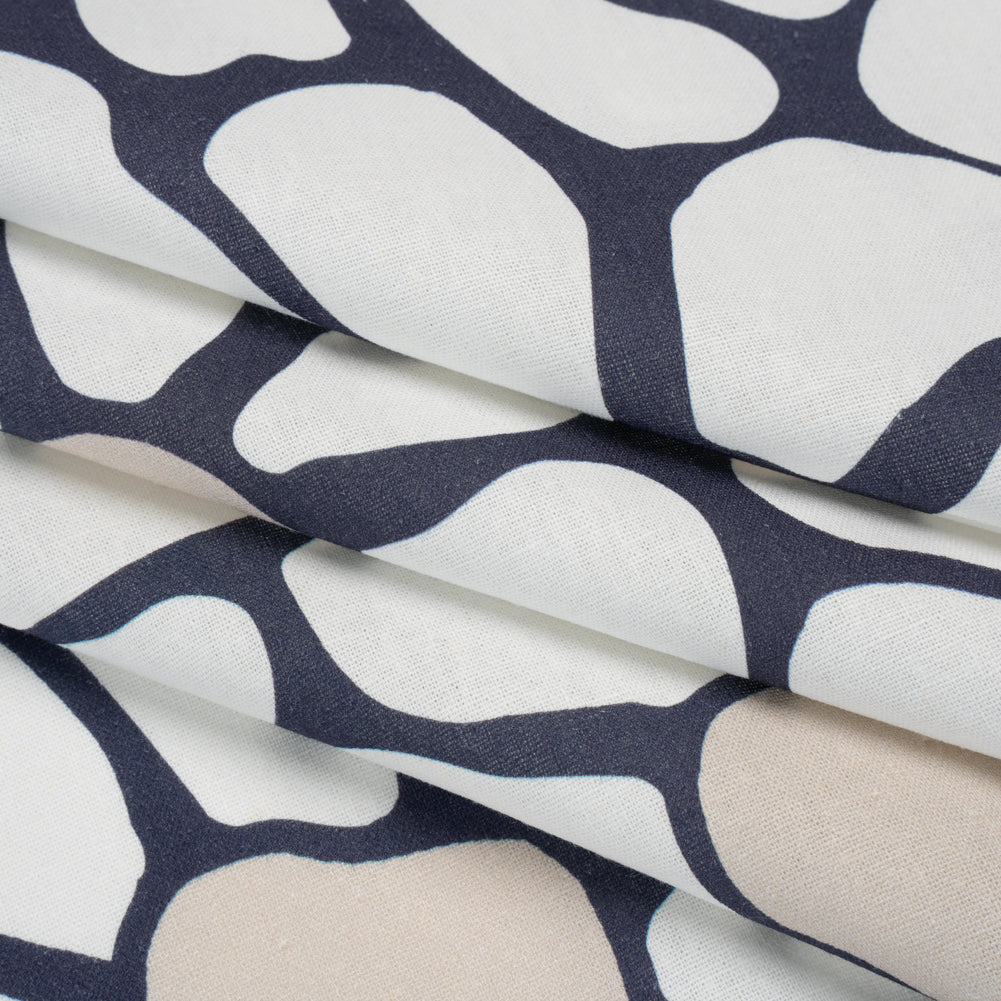 Linen and Rayon Woven - Dark Blue, White and Beige Abstract Daisies - Mood Exclusive Dilly-Dally Daisies Print - Folded