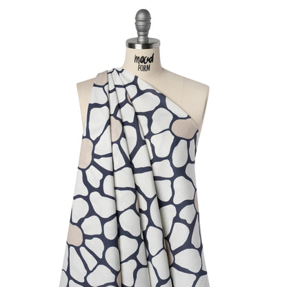 Linen and Rayon Woven - Dark Blue, White and Beige Abstract Daisies - Mood Exclusive Dilly-Dally Daisies Print