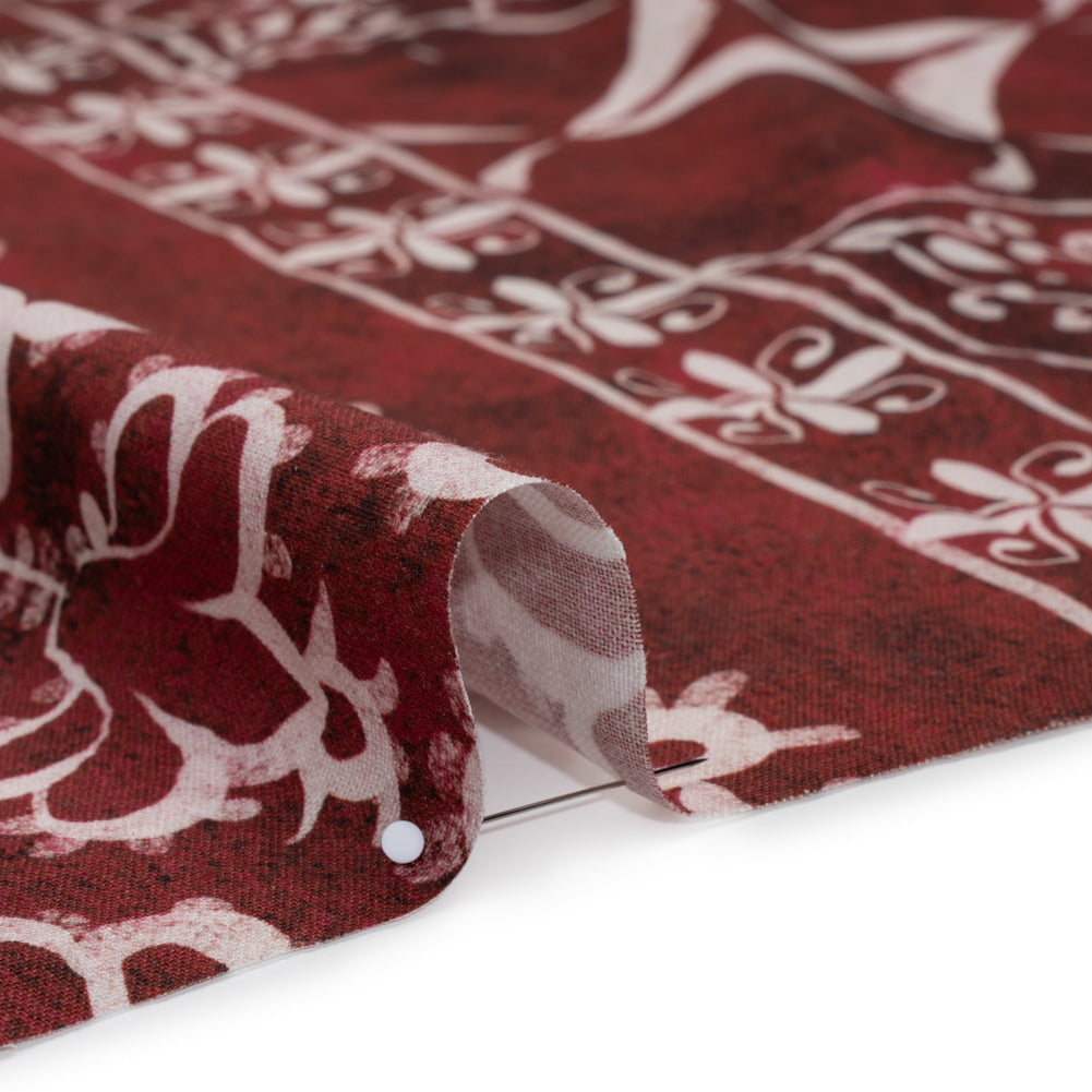 Linen and Rayon Woven - Dark Red and White Checks and Flowers Patchwork - Mood Exclusive Magnolia Mosaic Print