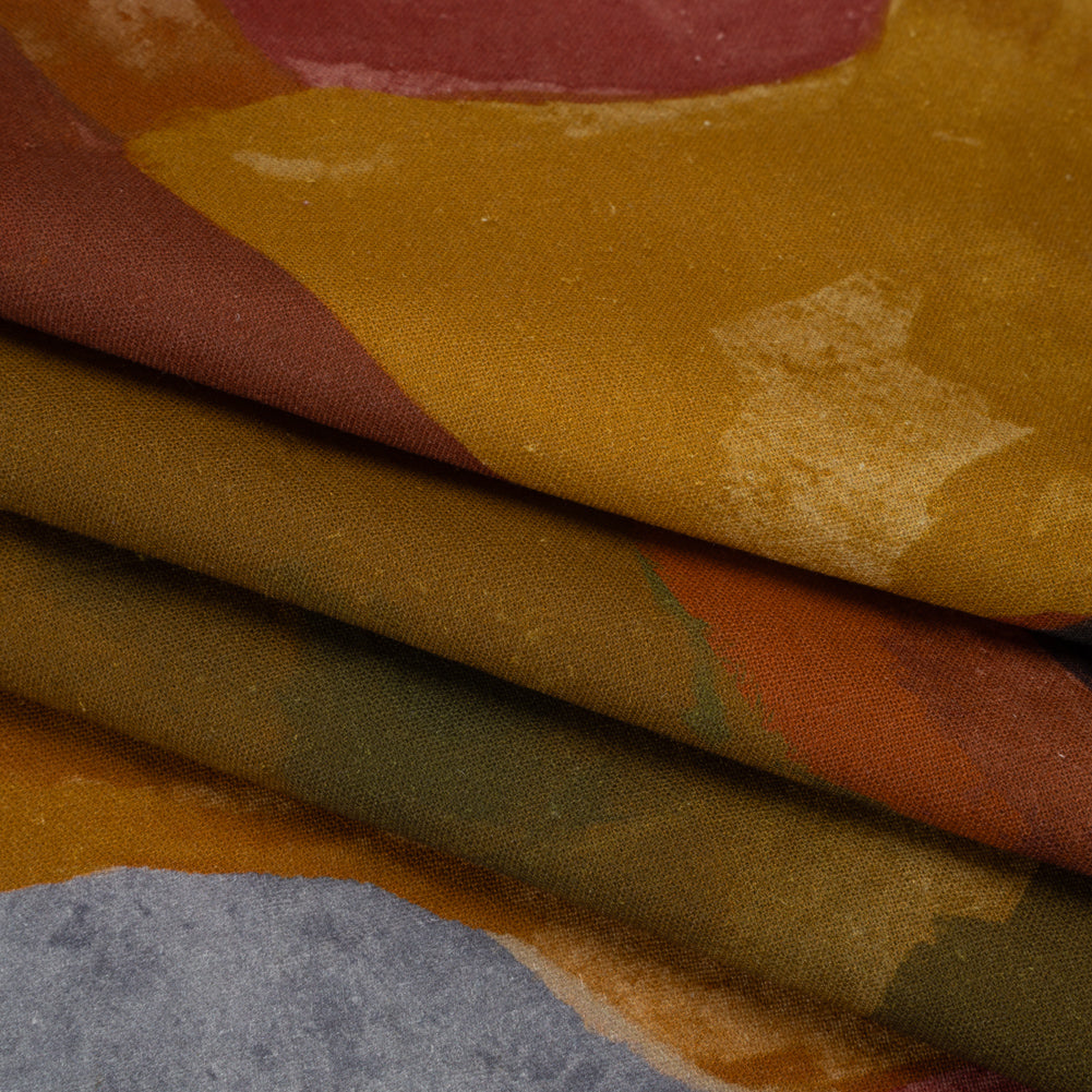 Linen and Rayon Woven - Earth Red, Ochre and Navy Abstract - Mood Exclusive Tectonic Tempo Print - Folded