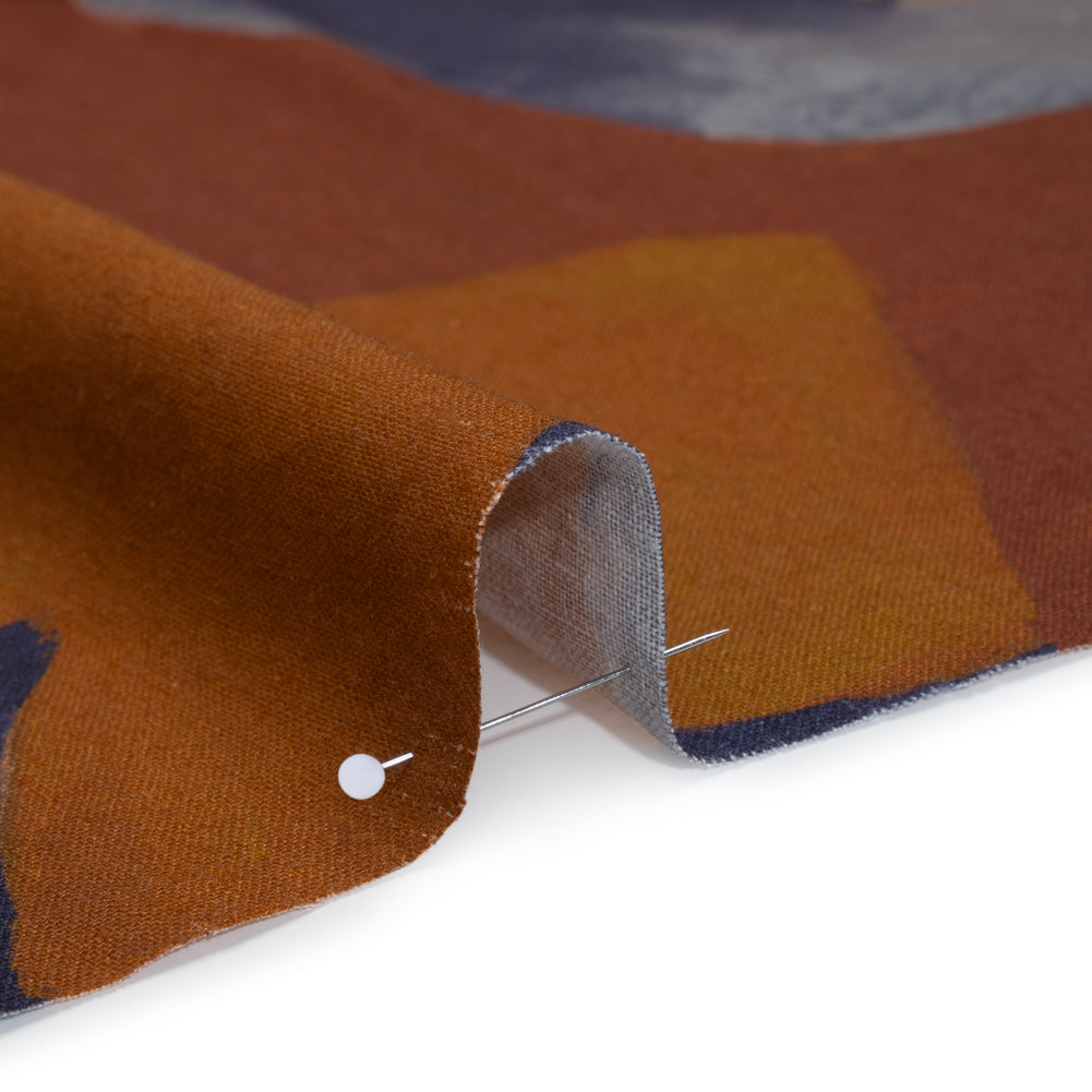 Linen and Rayon Woven - Earth Red, Ochre and Navy Abstract - Mood Exclusive Tectonic Tempo Print - Detail