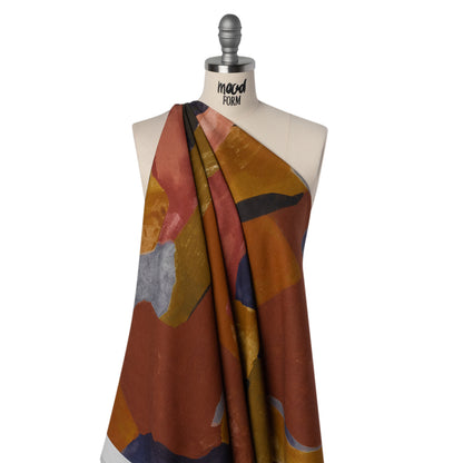 Linen and Rayon Woven - Earth Red, Ochre and Navy Abstract - Mood Exclusive Tectonic Tempo Print